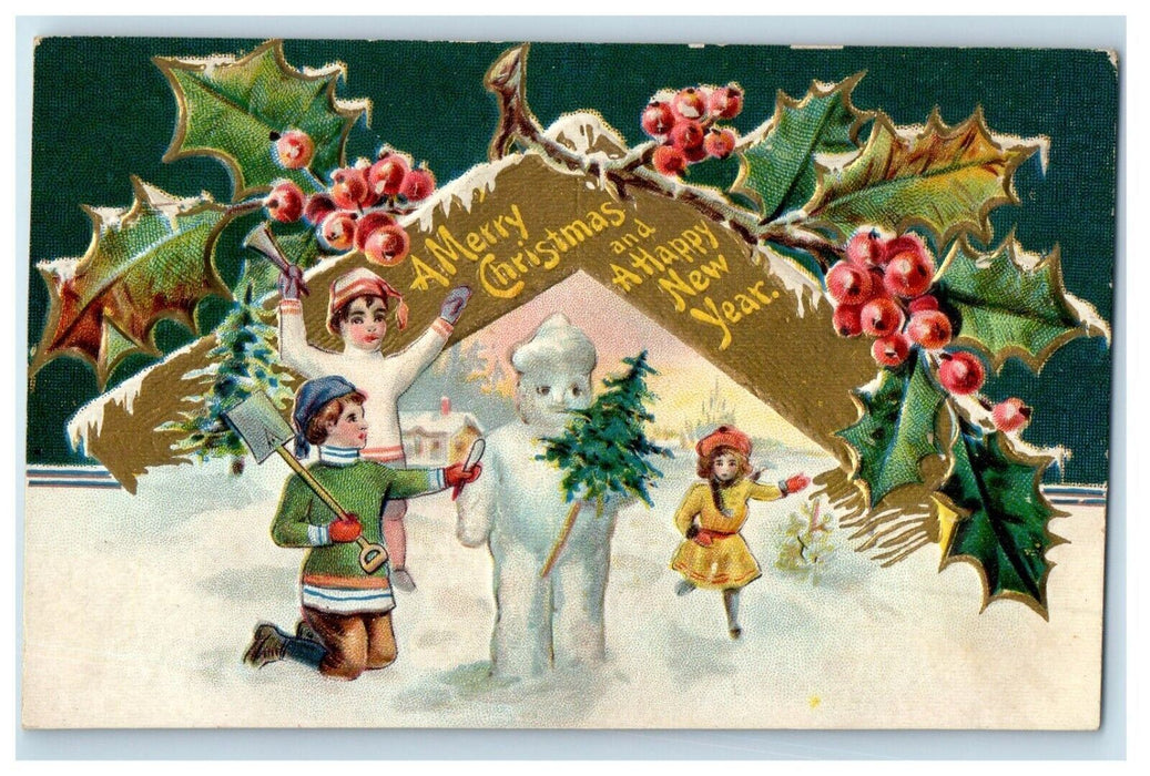 1910 Merry Christmas Happy New Year Holly Snowman Shovel Embossed Postcard