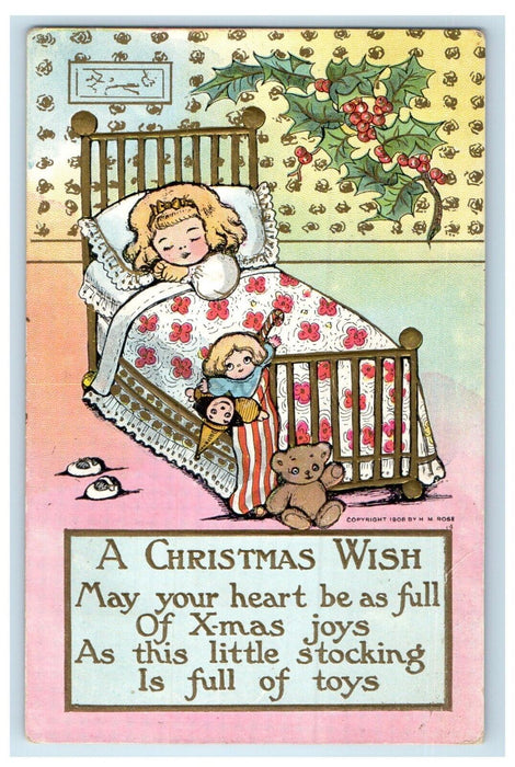 1908 Merry Christmas Sleeping Little Girl Stocking Full Of Toys Antique Postcard