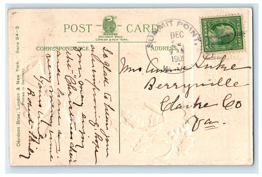 1909 Christmas Greetings Holly Bells Winter Snow Hut Embossed Antique Postcard