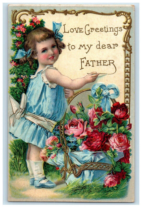 c1910's Valentines Cute Girl Basket Of Flowers Blue Ribbon Embossed Postcard