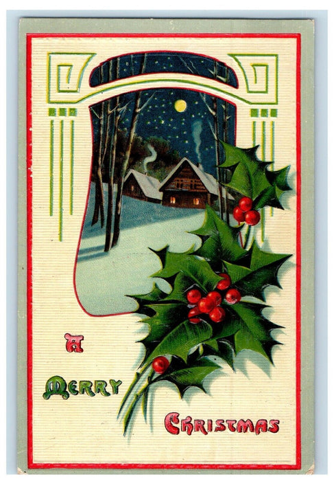 1910 Merry Christmas Greetings Moon House Covered Snow Holly Embossed Postcard