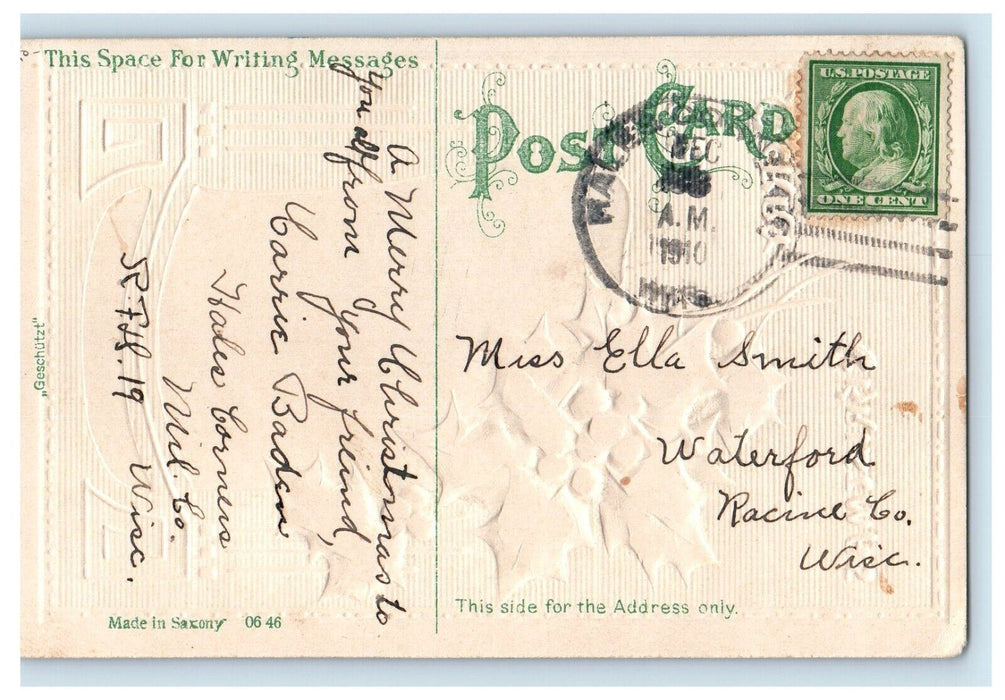 1910 Merry Christmas Greetings Moon House Covered Snow Holly Embossed Postcard