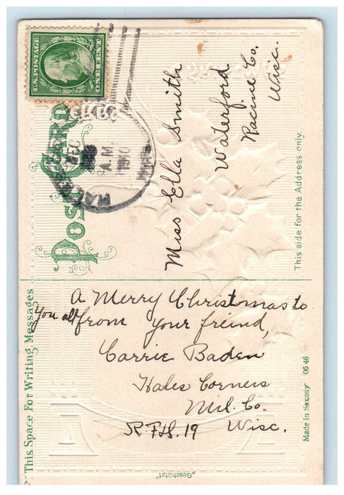1910 Merry Christmas Greetings Moon House Covered Snow Holly Embossed Postcard