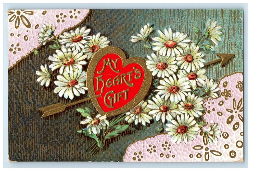 1910 Valentine My Hearts Gift Arrow White Flowers Embossed Antique Postcard