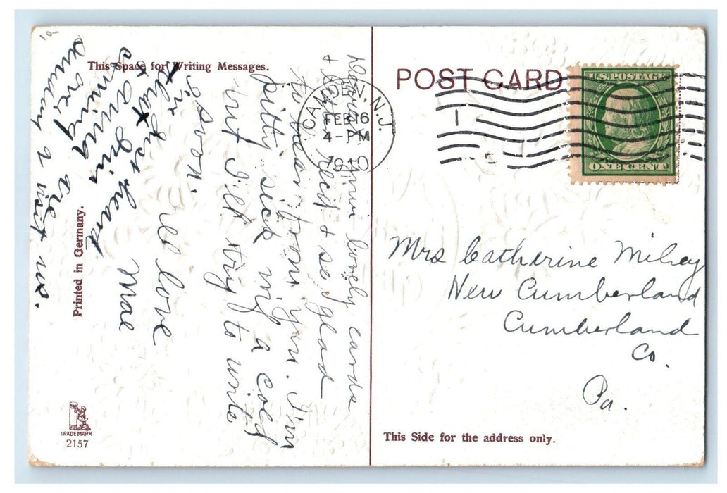 1910 Valentine My Hearts Gift Arrow White Flowers Embossed Antique Postcard