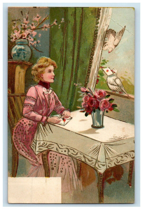 c1910's Valentines Dove Sent Letters Girl Window Flower Vase Embossed Postcard