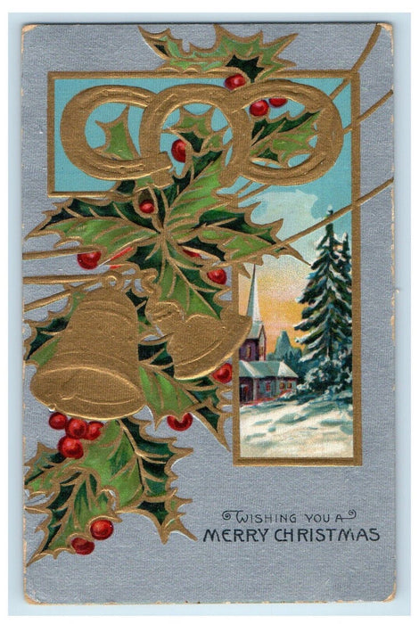 1909 Christmas Greetings Holly Bells Winter Snow Pine Tree Embossed Postcard