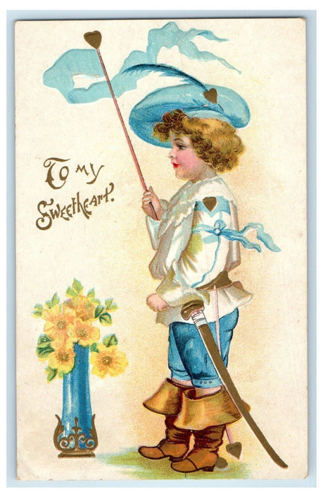 1908 Valentine Boy Holding Sword Flower Base Feather Hat Embossed Postcard