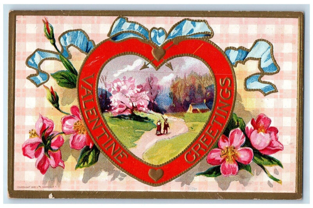1910 Valentine Greetings Heart Flowers Embossed Eagleville CT Antique Postcard