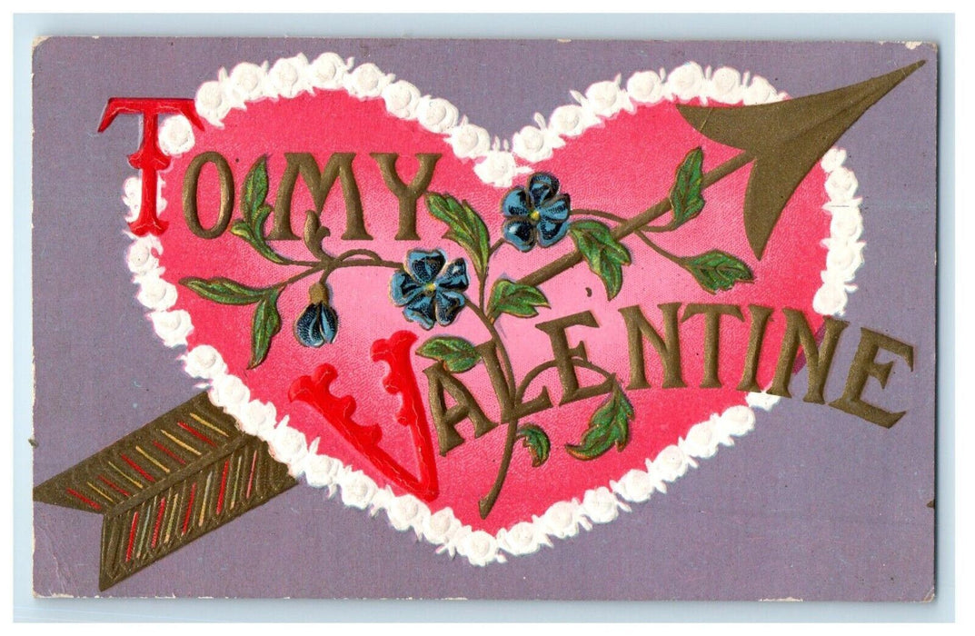 c1910's Valentines Big Pink Heart Arrow Pansy Flowers Embossed Antique Postcard