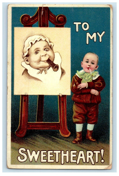 1909 Valentine Ugly Baby Smoking Portrait Embossed Posted Antique Postcard