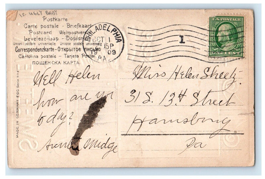 1909 Valentine Ugly Baby Smoking Portrait Embossed Posted Antique Postcard