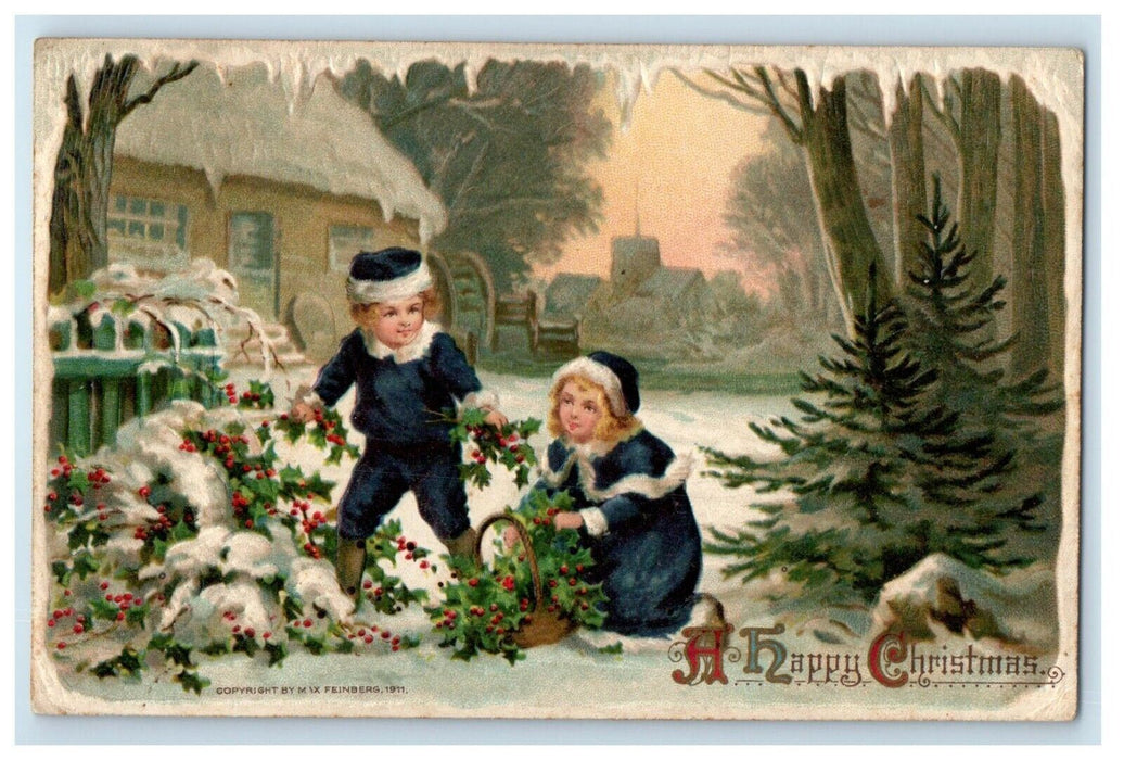 1912 Merry Christmas Picking Holly Christmas Tree Winter Snow Embossed Postcard