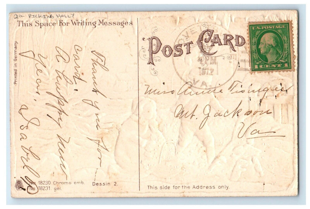 1912 Merry Christmas Picking Holly Christmas Tree Winter Snow Embossed Postcard