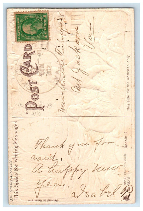 1912 Merry Christmas Picking Holly Christmas Tree Winter Snow Embossed Postcard