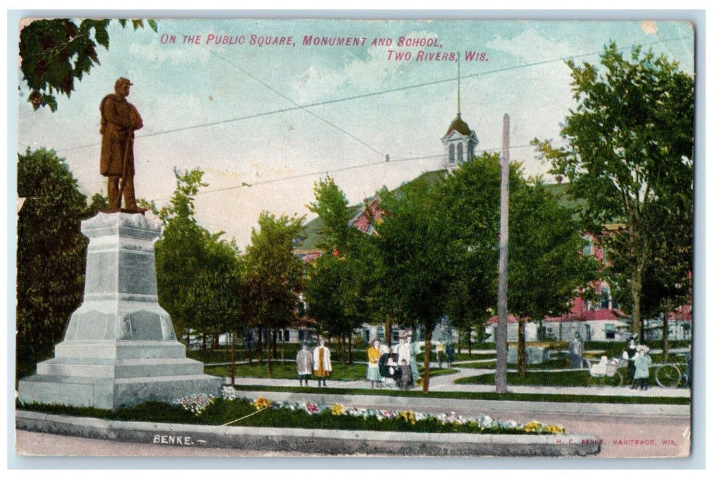 1908 Public Square Monument & School Two Rivers Wisconsin WI Vintage Postcard