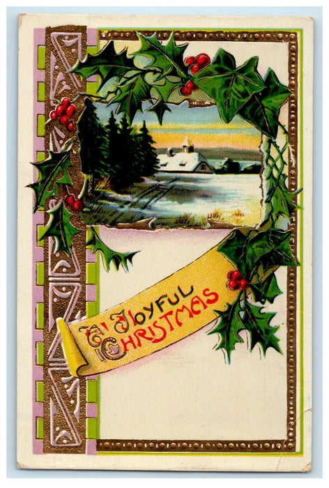 1913 Christmas Holly Berries House Winter Snow Gel Gold Gilt Embossed Postcard