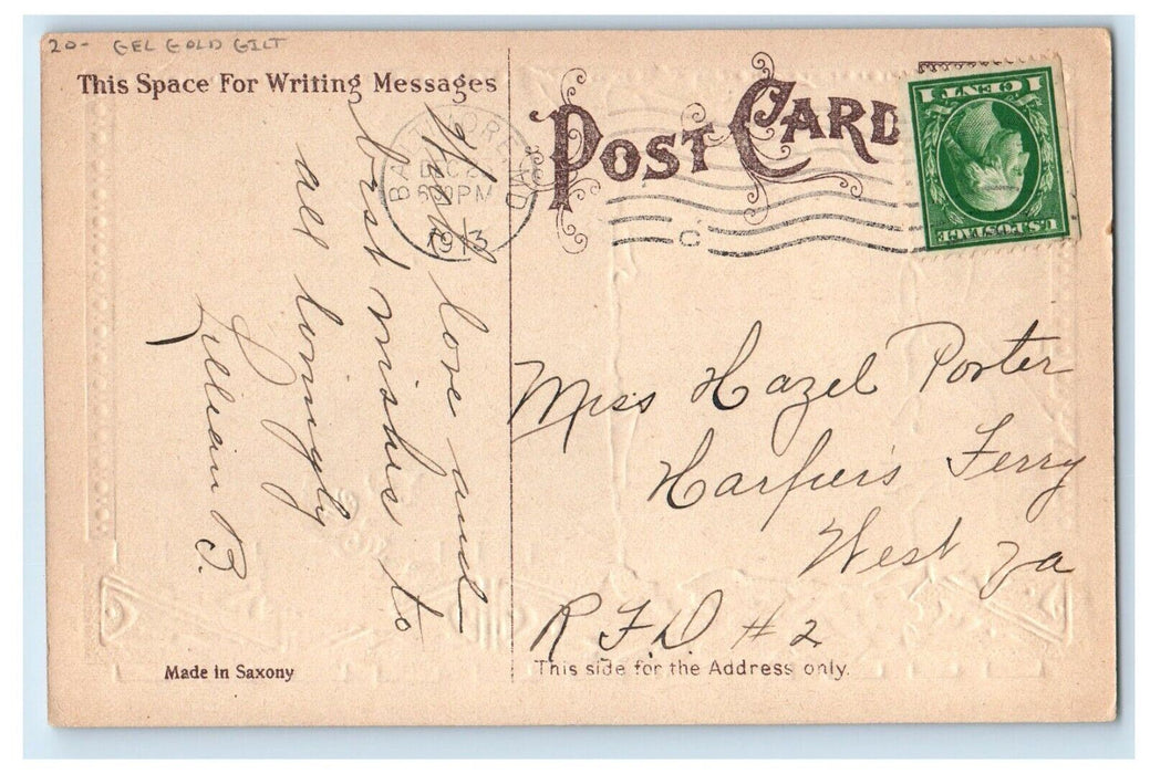 1913 Christmas Holly Berries House Winter Snow Gel Gold Gilt Embossed Postcard