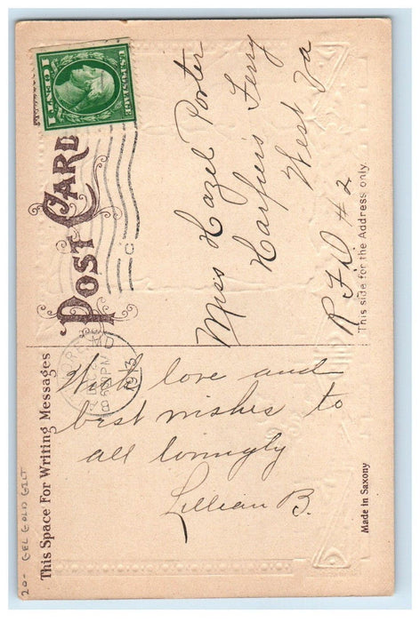 1913 Christmas Holly Berries House Winter Snow Gel Gold Gilt Embossed Postcard