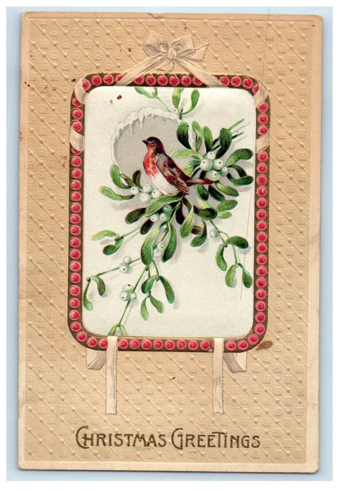 c1910's Christmas Greetings Holly Bird Ribbon Winter Snow Embossed Postcard