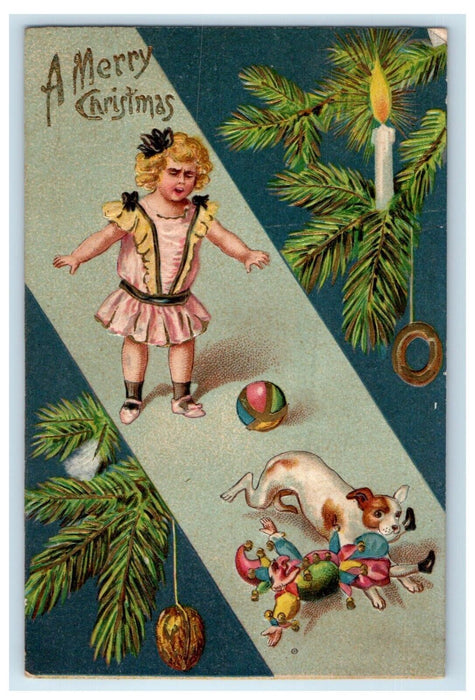 Merry Christmas Pine Pinecone Candle Little Girl Dog Run Jester Doll Postcard
