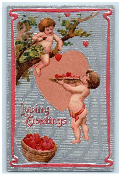 1911 Valentine Loving Greetings Little Boys Harvesting Hearts Bare Butt Postcard