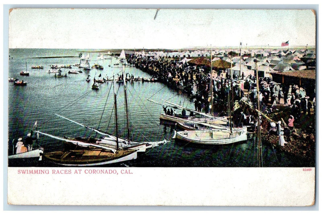 Crowded Scene Boats Swimming Races Coronado California CA Antique Postcard