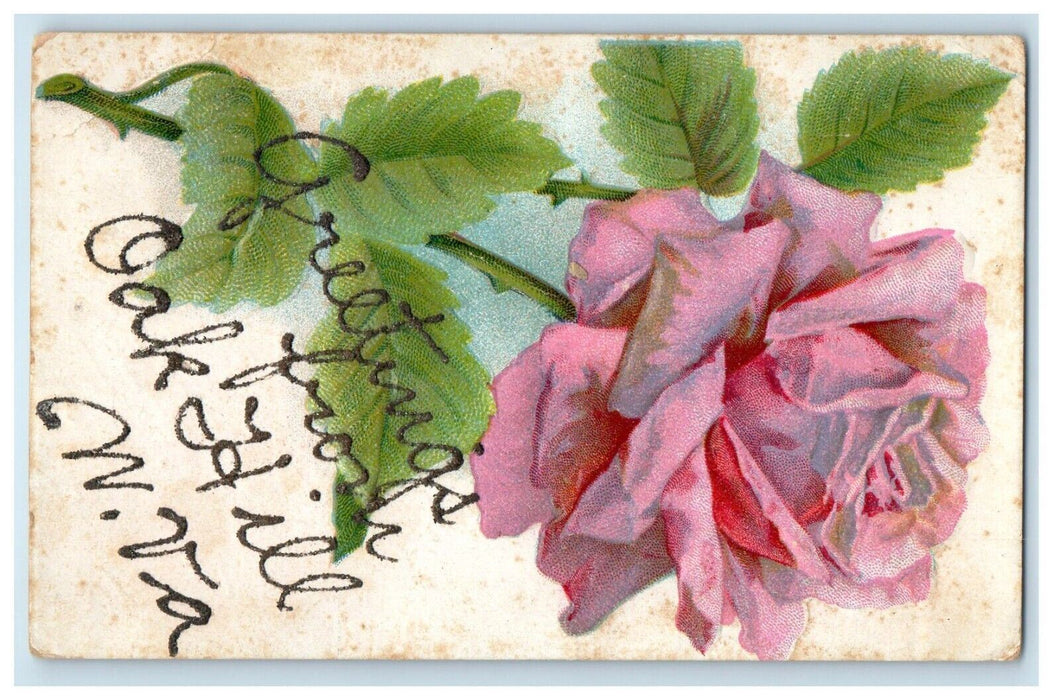 c1910's Greetings From Oak Hill WV, Pink Rose Embossed Glitter Antique Postcard