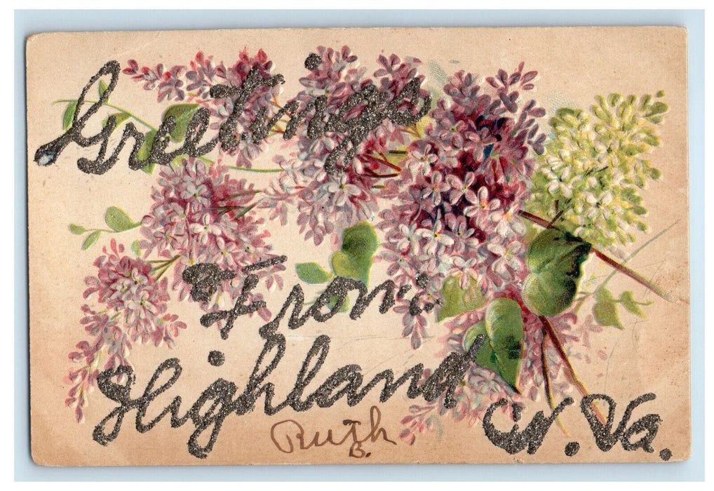 c1910 Green and Red Flowers, Greetings from Highland, WV Glitters Postcard