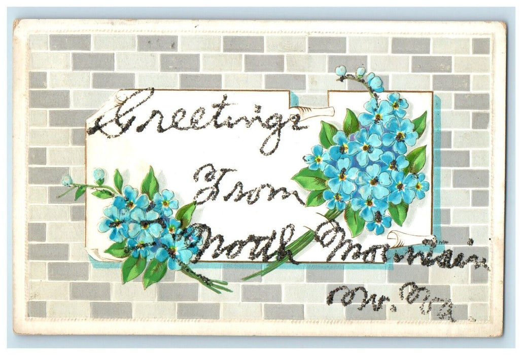 1907 Greetings From North Mountain WV, Pansies Flowers Glitter Berkeley Postcard