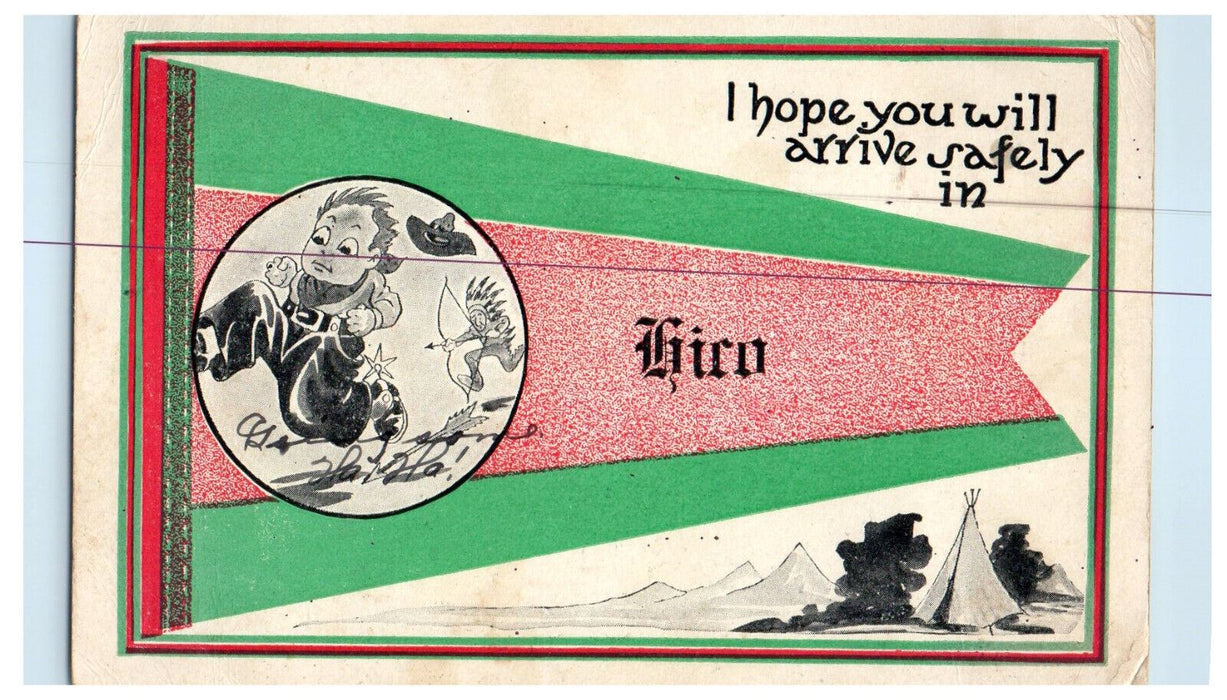 1914 Indian With Arrow, Cowboy, Hico Pennant West Virginia WV Postcard