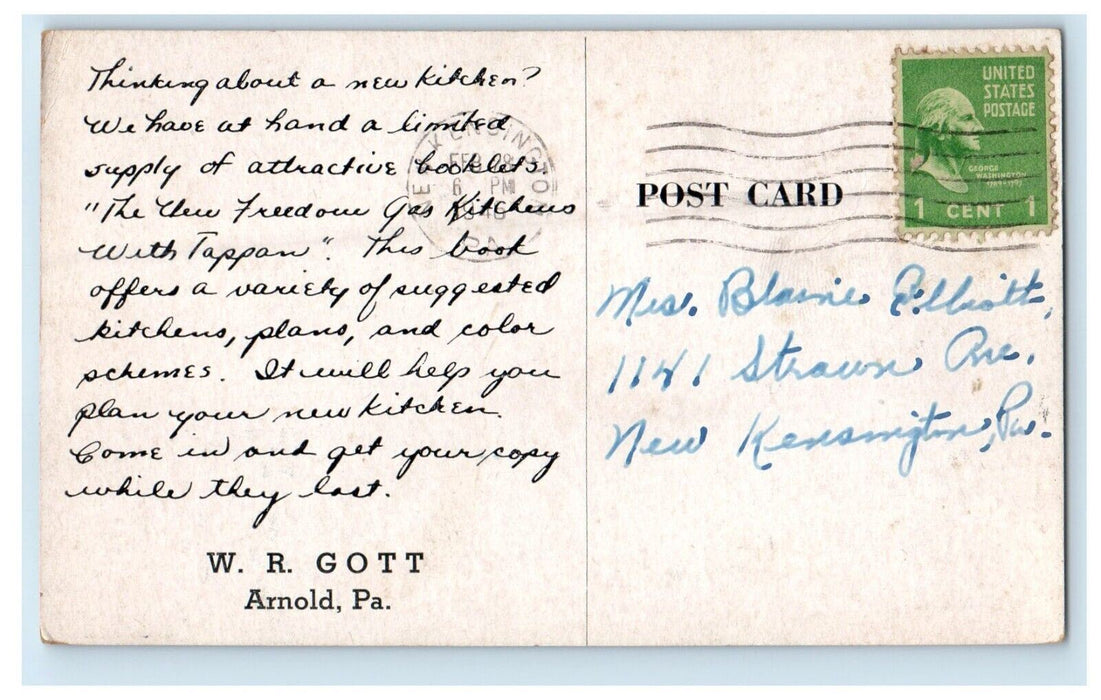 1916 The Freedom Gas Kitchens Modern Arnold Pennsylvania PA Antique Postcard