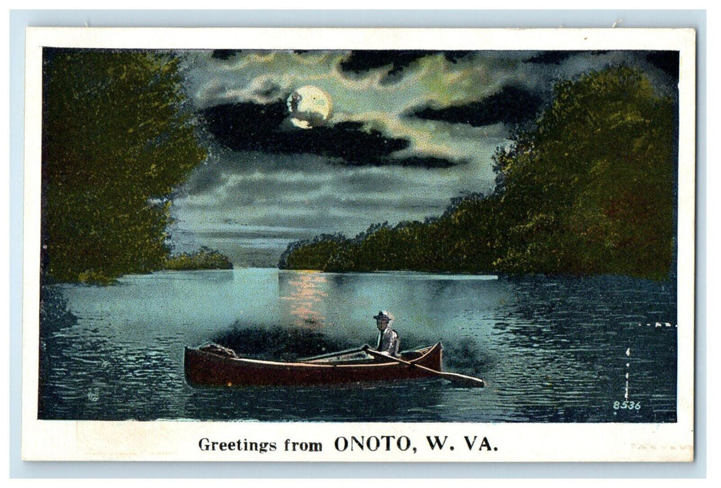 c1920's Greetings From Onoto WV, Canoeing Moon View Advertising Postcard