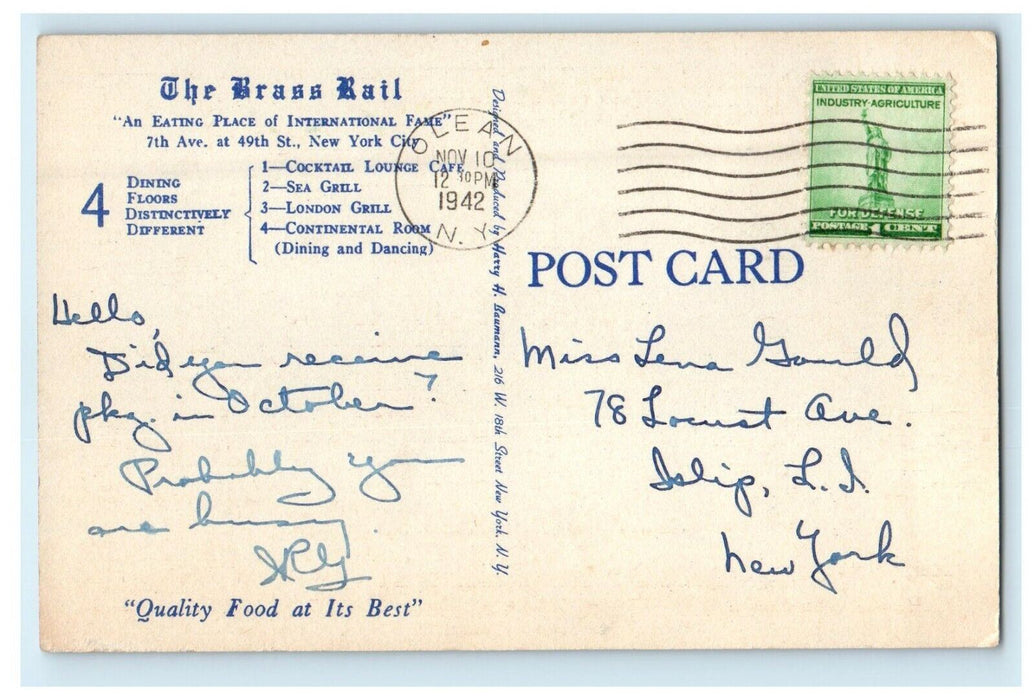 1942 The English Roasting Jack At The Brass Rail New York City NY Postcard