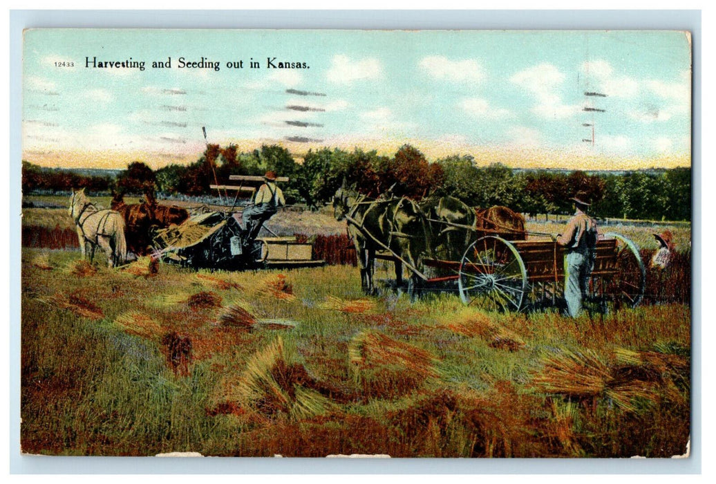 1939 Harvesting and Seeding Out In Kansas KS Posted Vintage Postcard