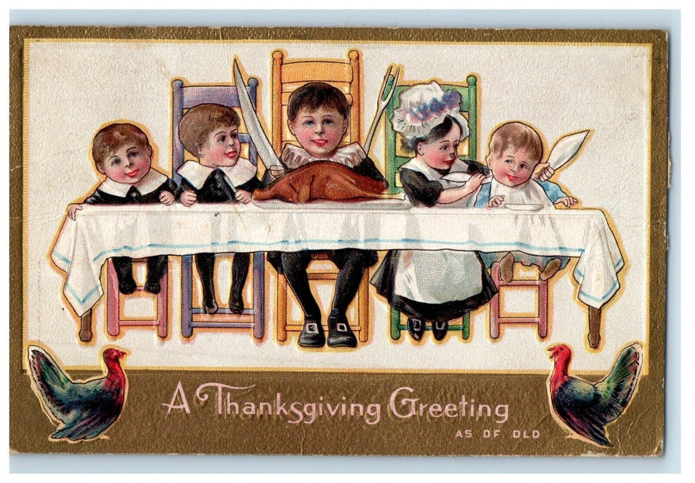 1910 Thanksgiving Greeting Fied Turkeys Family Dinner Embossed Antique Postcard