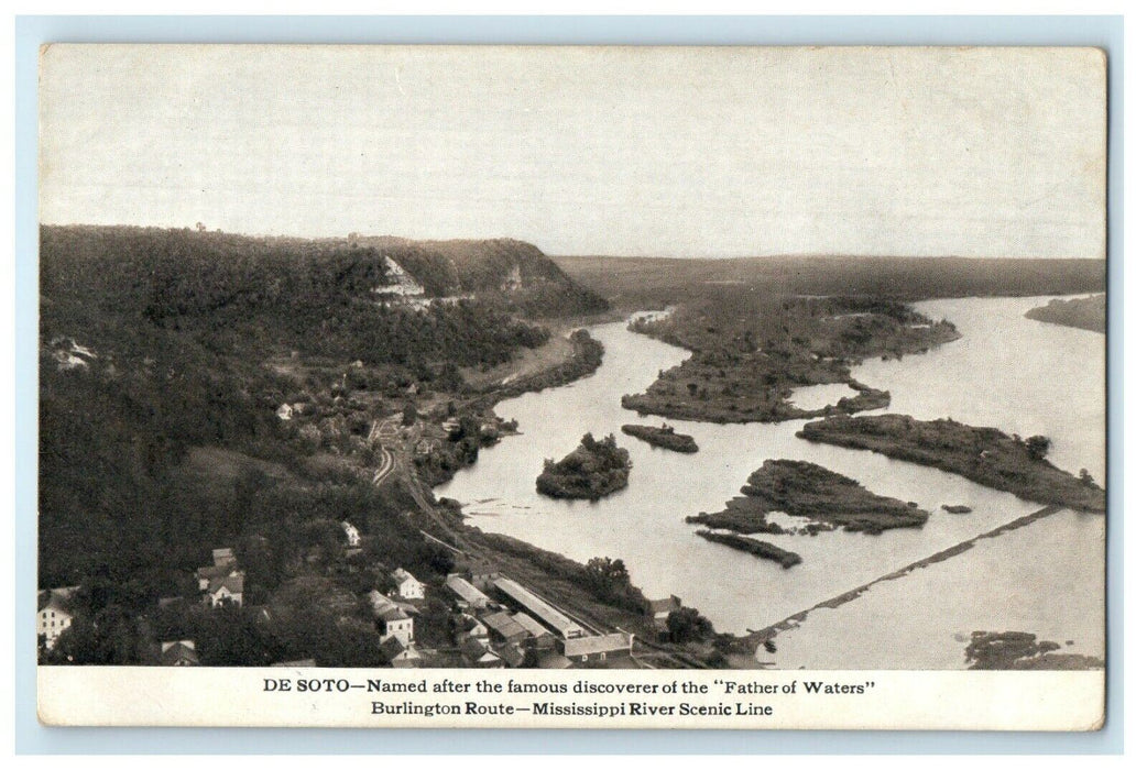 c1910 De Soto Father's Of Waters Burlington Route  RR Mississippi River Postcard
