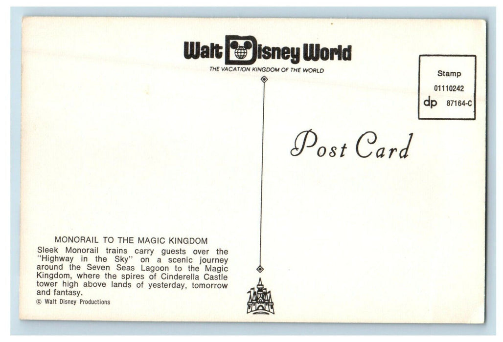 Monorail To The Magic Kingdom Cinderella Castle Walt Disney World Postcard