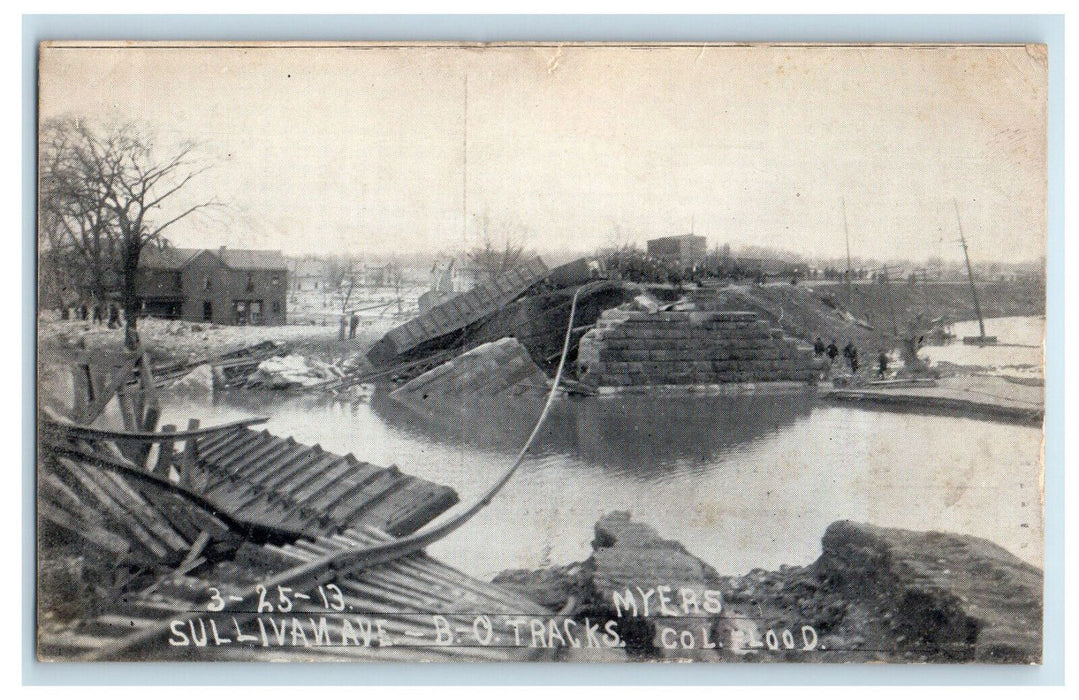 1913 Sullivan Avenue B-O Tracks Myers Col. Flood Ohio OH Postcard