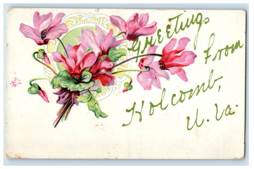 1909 Greetings from Holcomb, West Virginia WV Antique Floral Postcard