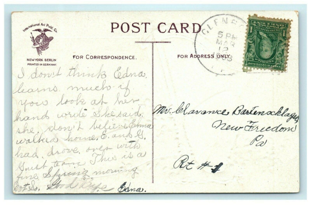 1909 St. Patrick's Harp Clover Clapsaddle Glenrock PA Antique Posted Postcard