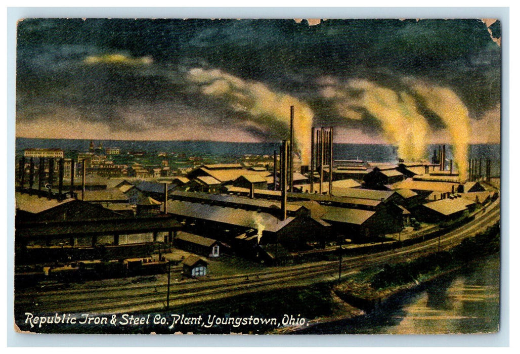1909 Republic Iron & Steel Co. Plant at Night Youngstown OH Antique Postcard