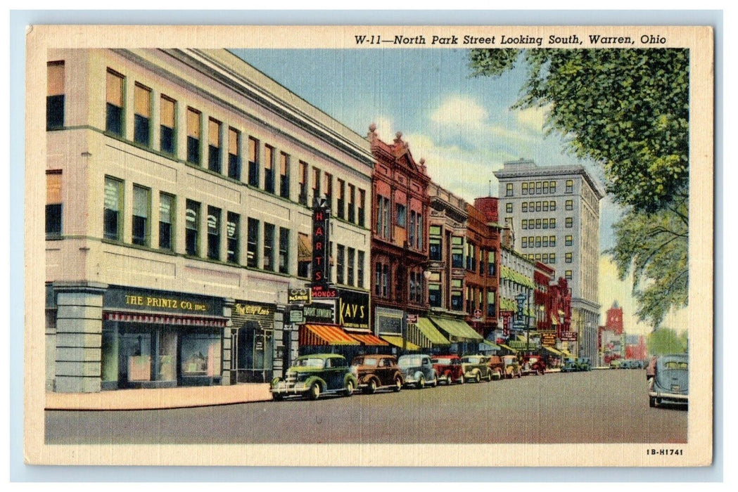 c1940's North Park Street Looking South Storefront Cars Warren Ohio OH Postcard