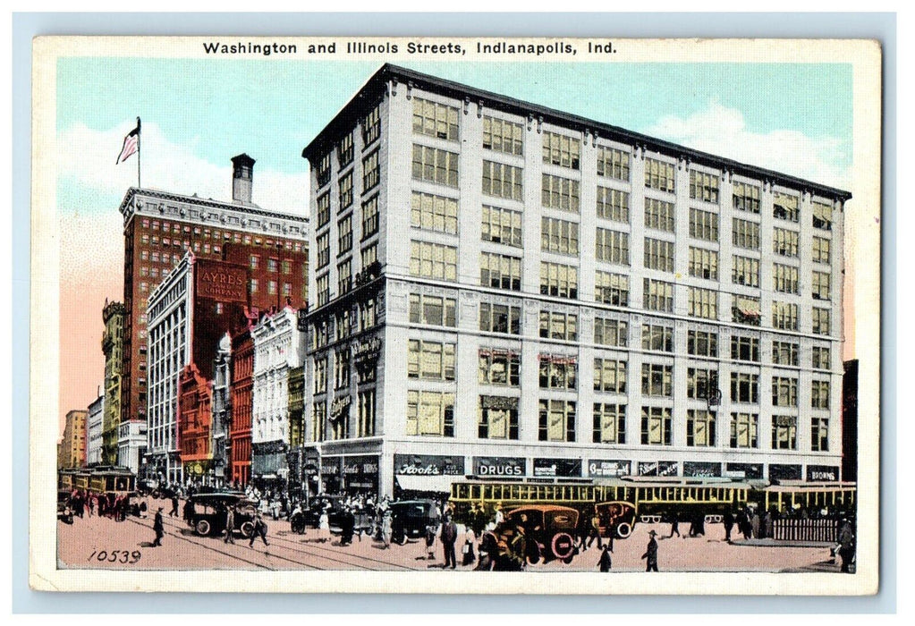 c1920's Washington And Illinois Street Cars Trolley Indianapolis IN Postcard