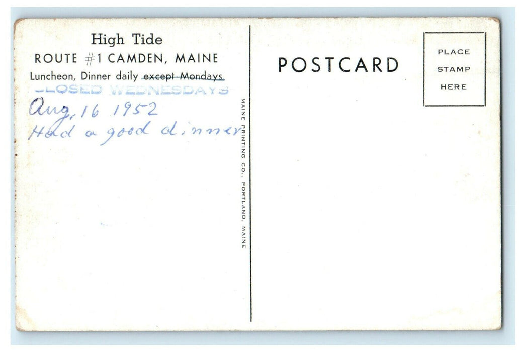 1952 High Tide Camden Maine ME Advertising Posted Vintage Postcard