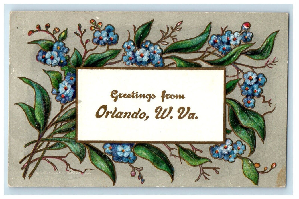 c1910's Greetings From Orlando West Virginia WV, Blue Pansies Flowers Postcard