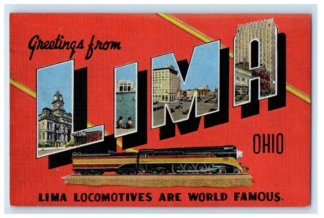 c1940's Greetings From Lima Ohio OH, Locomotive Train Vintage Postcard