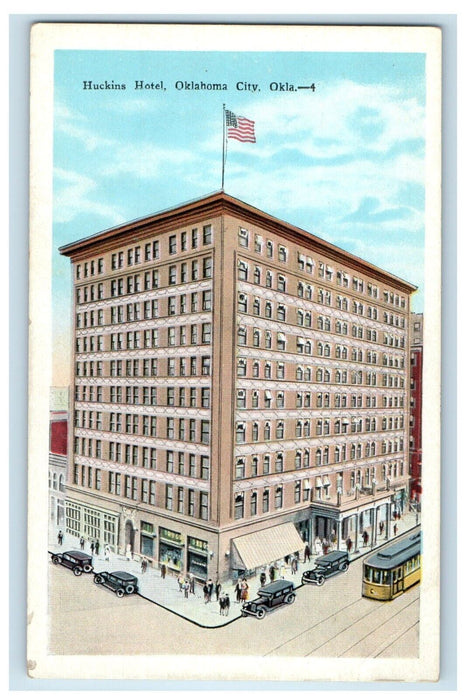 Huckins Hotel Building Cars Trolley Oklahoma City Oklahoma OK Vintage Postcard