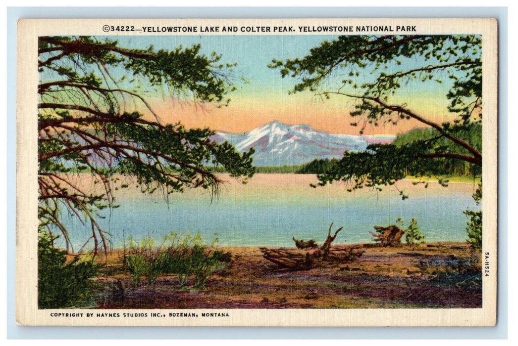 Yellowstone National Park WY, Yellowstone Lake And Colter Peak Vintage Postcard