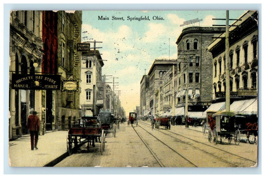 1910 Carriage Scene, Main Street, Springfield Ohio OH Antique Posted Postcard